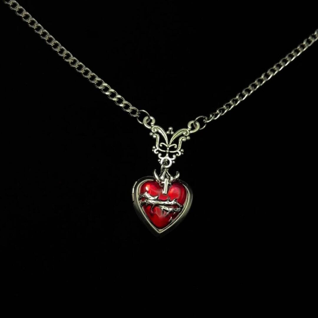 CULT STAR Thorned Heart Locket Necklace with red heart pendant and silver custom chain