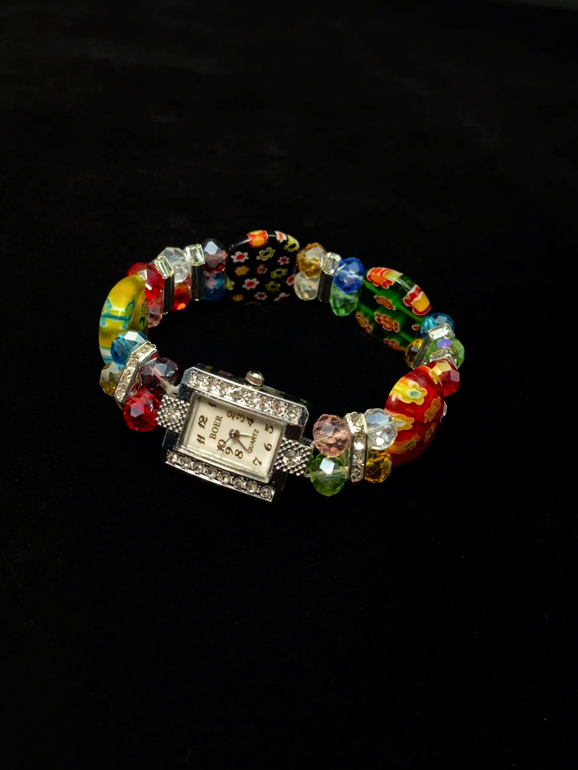 CULT STAR Glazed Flower Beaded Bracelet Watch with multicolor floral beads and rectangular watch face