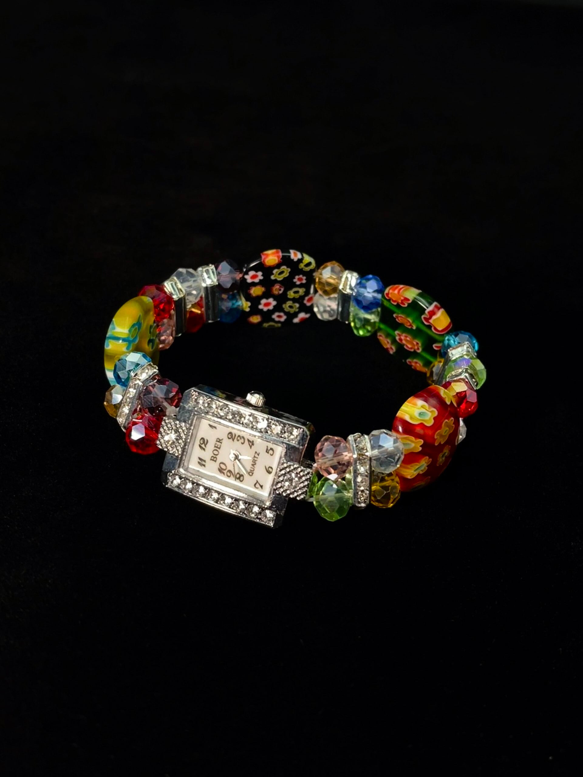 CULT STAR Glazed Flower Beaded Bracelet Watch with multicolor floral beads and rectangular watch face