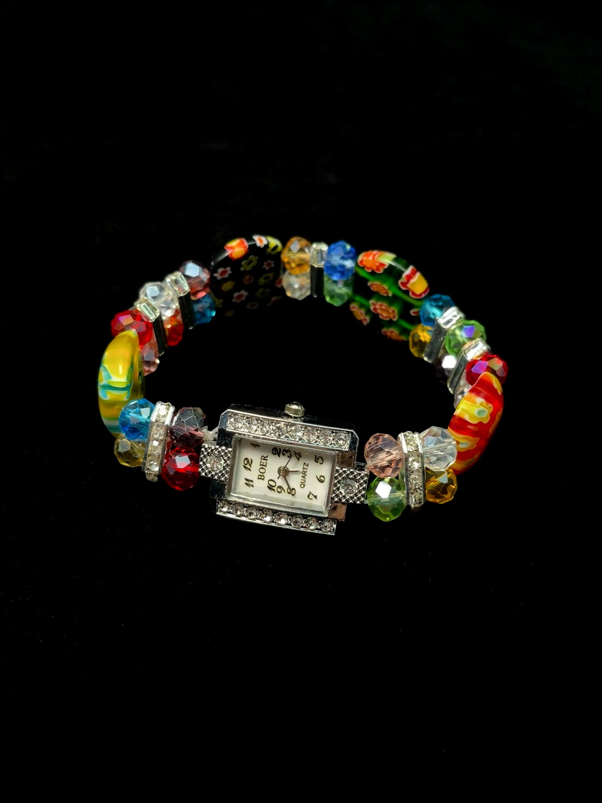 CULT STAR Glazed Flower Beaded Bracelet Watch with multicolor floral beads and rectangular watch face