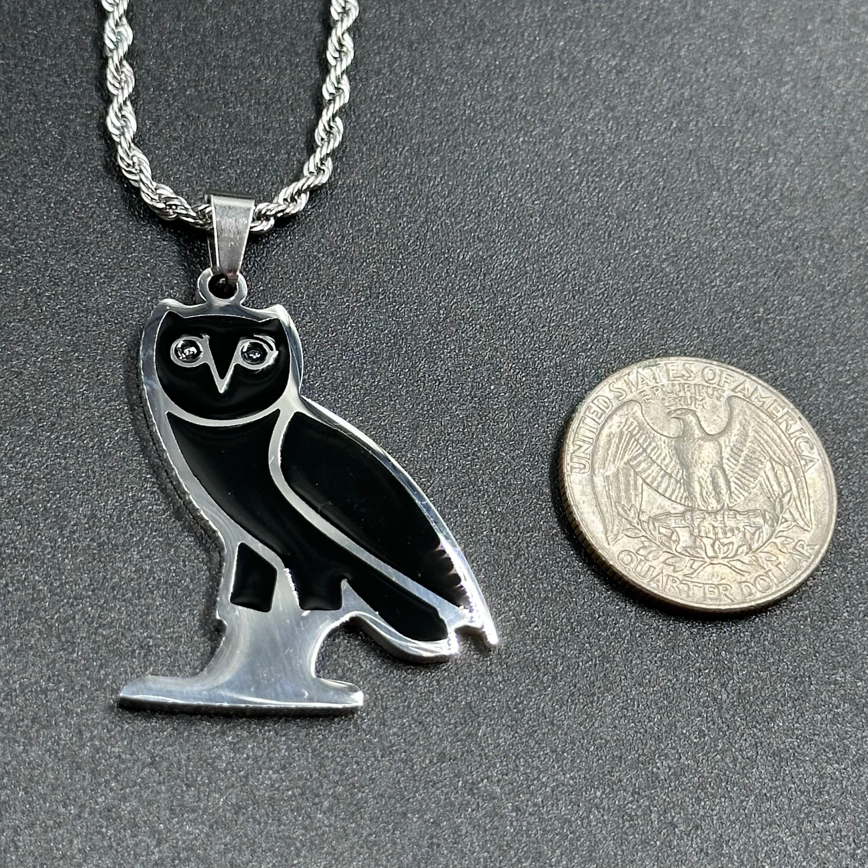 Drake OVO Owl Pendant Necklace – Stainless Steel with Black Onyx Finish & Custom Chain