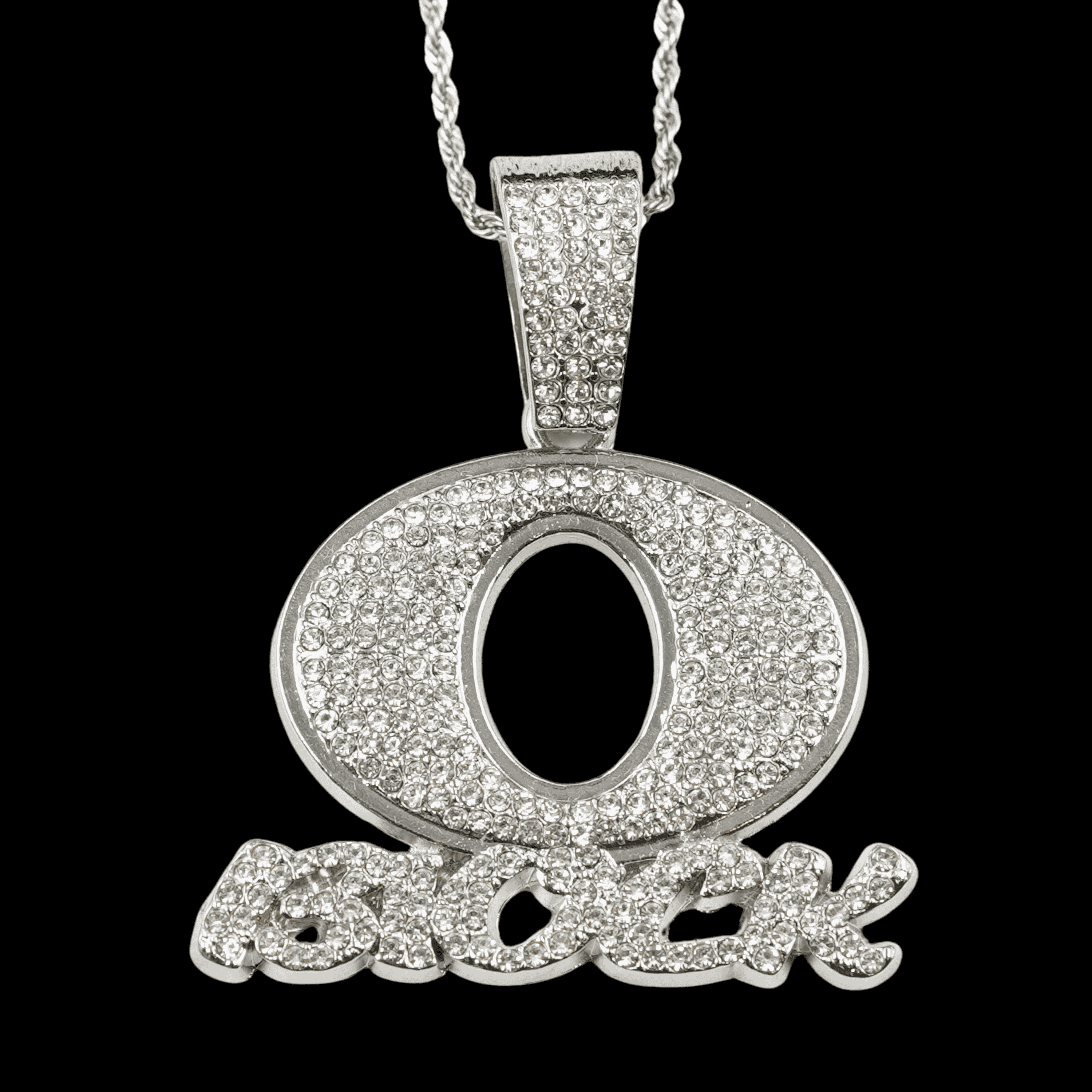 King Von “O Block” Rhinestone Necklace with Custom Chain – Silver