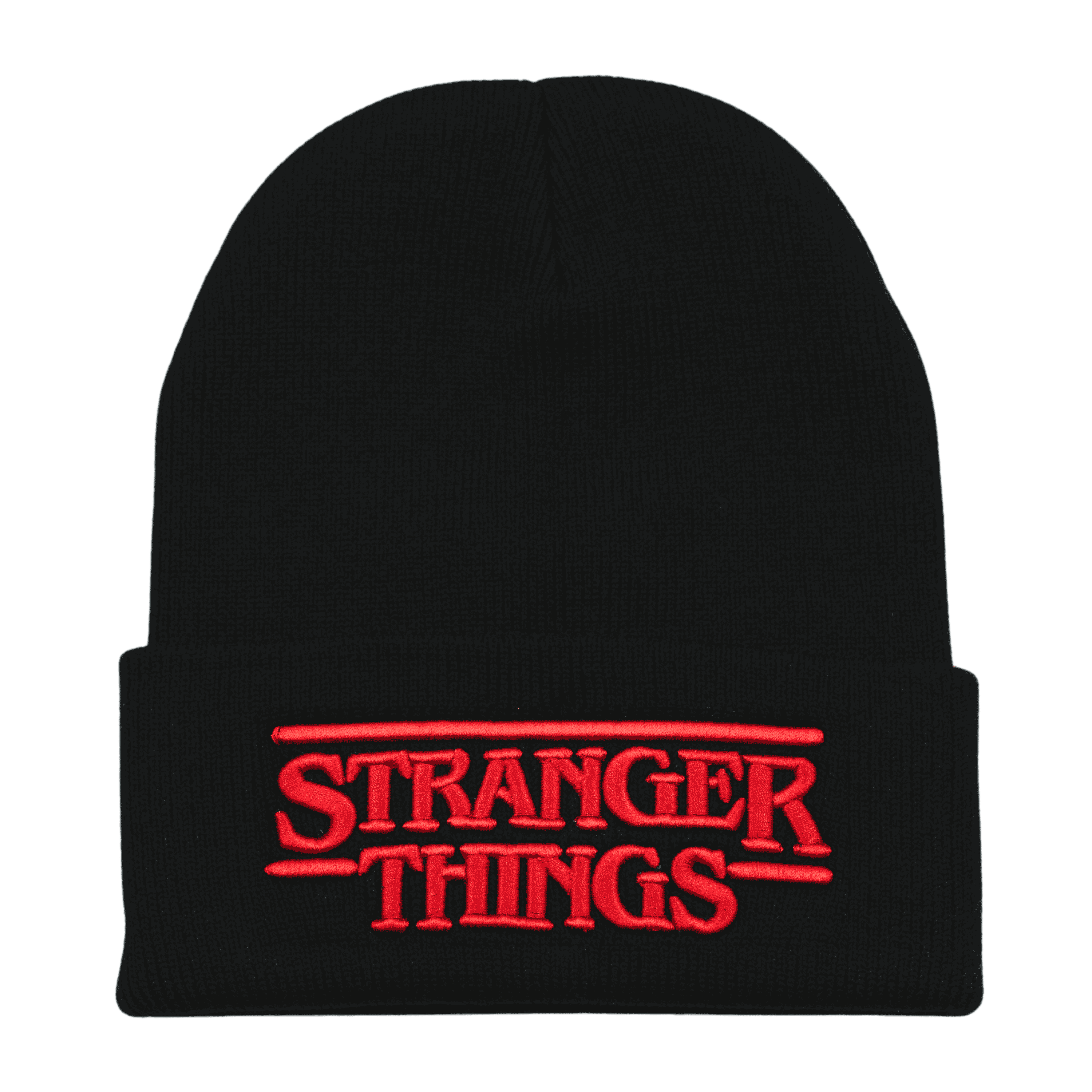 Stranger Things Embroidered Beanie – Black Red Knit Hat