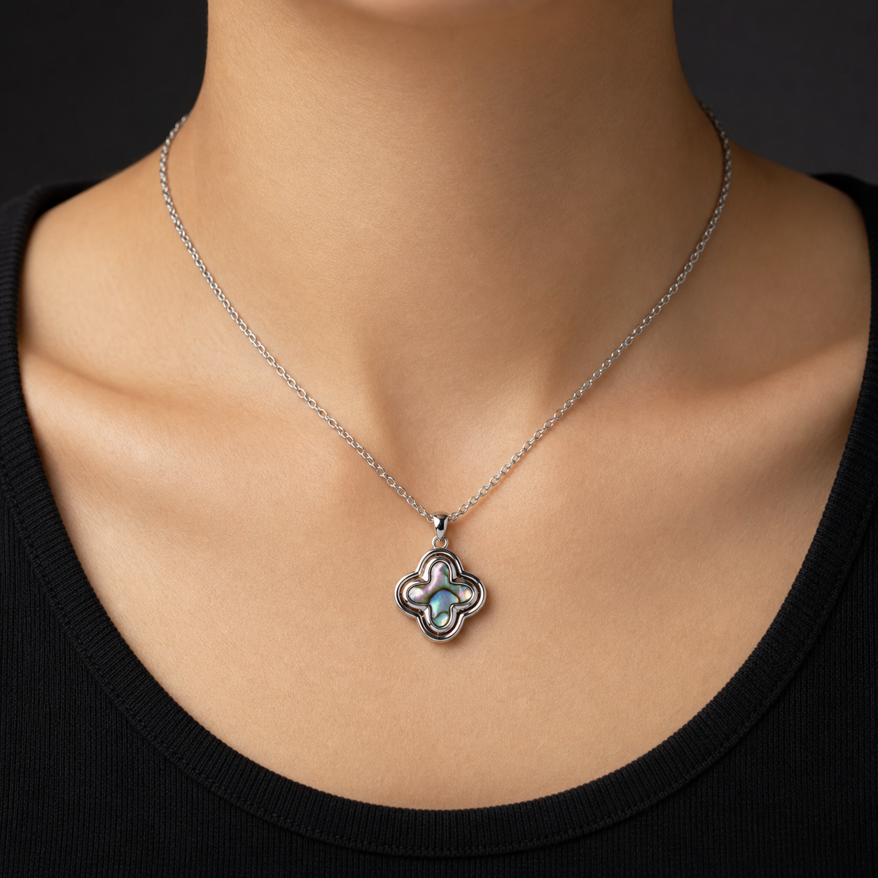 Abalone Mother-of-Pearl Clover Pendant Necklace & Custom Chain female model styling image