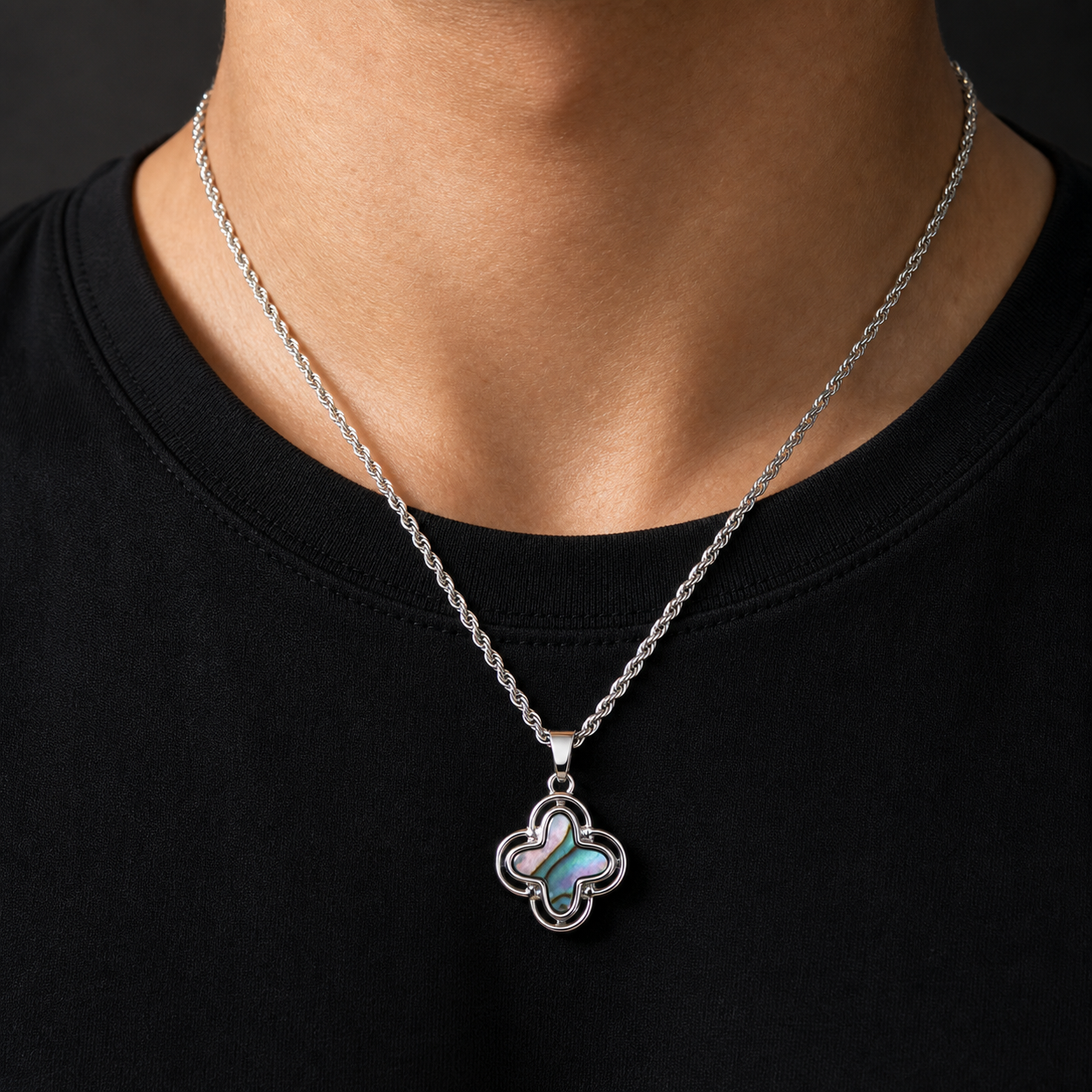Abalone Mother-of-Pearl Clover Pendant Necklace & Custom Chain male model styling image