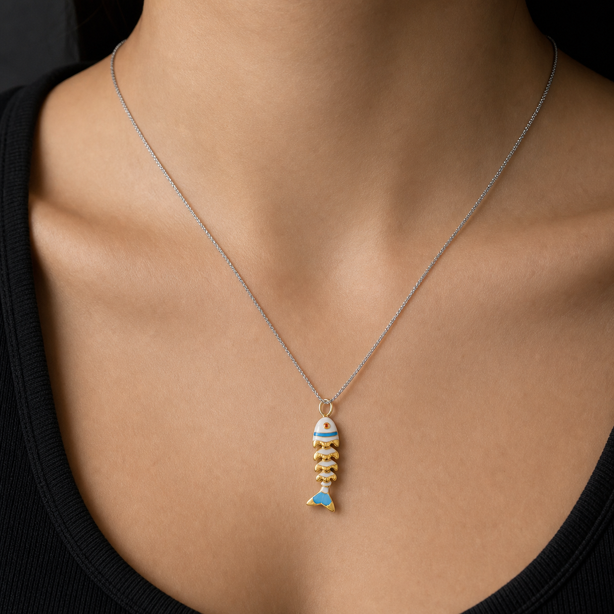 Enamel Fishbone Pendant Necklace & Custom Chain model styling image
