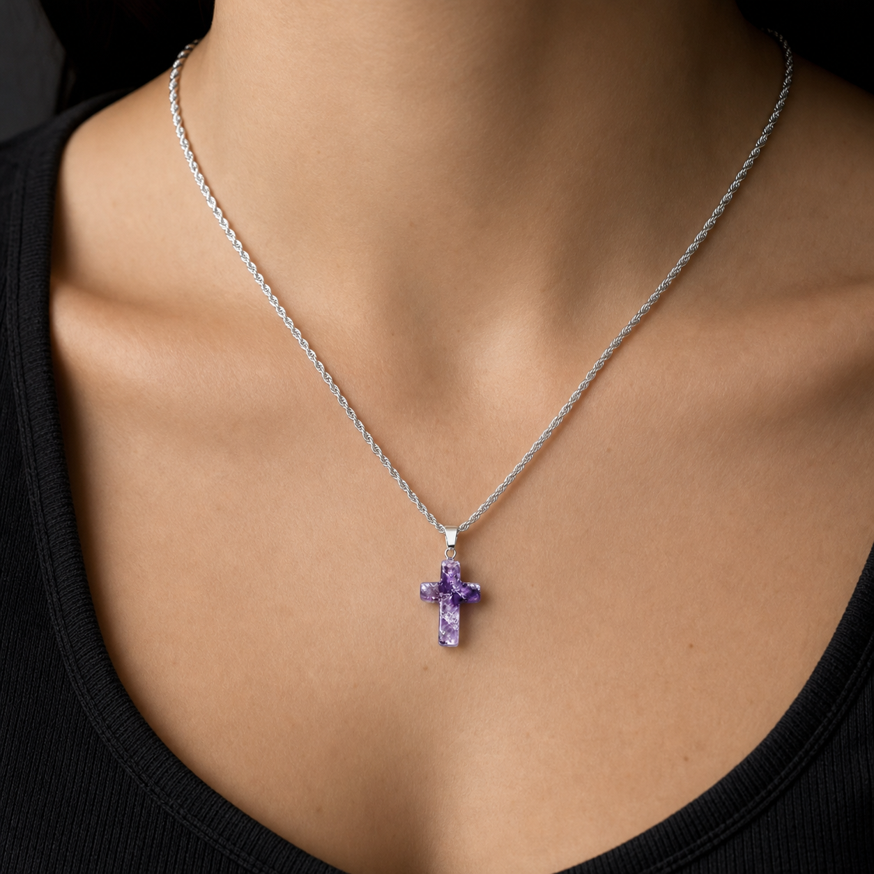 Purple Crystal Cross Pendant Necklace & Custom Chain model styling image