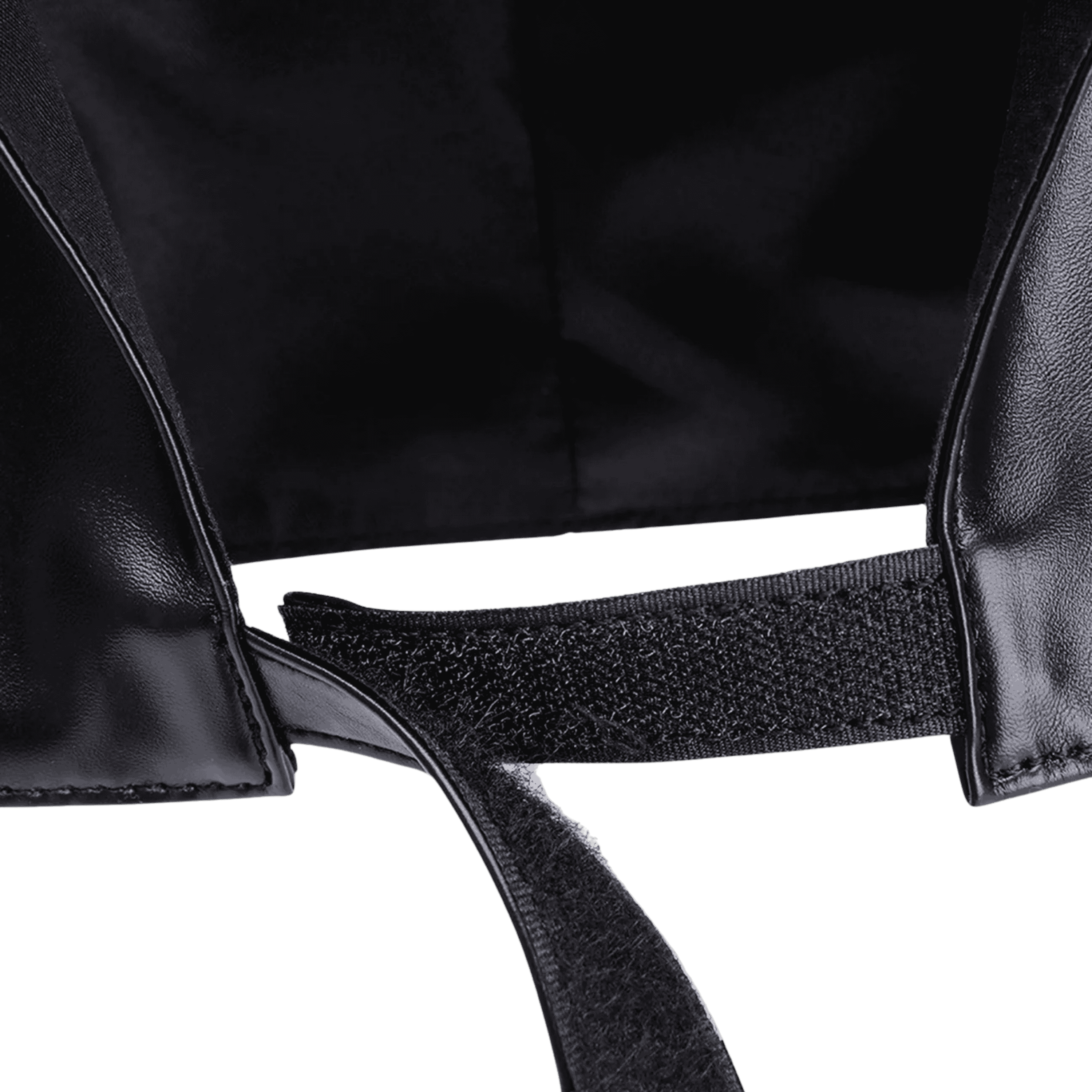 Close-up of a black leather strap with a buckle on a transparent background