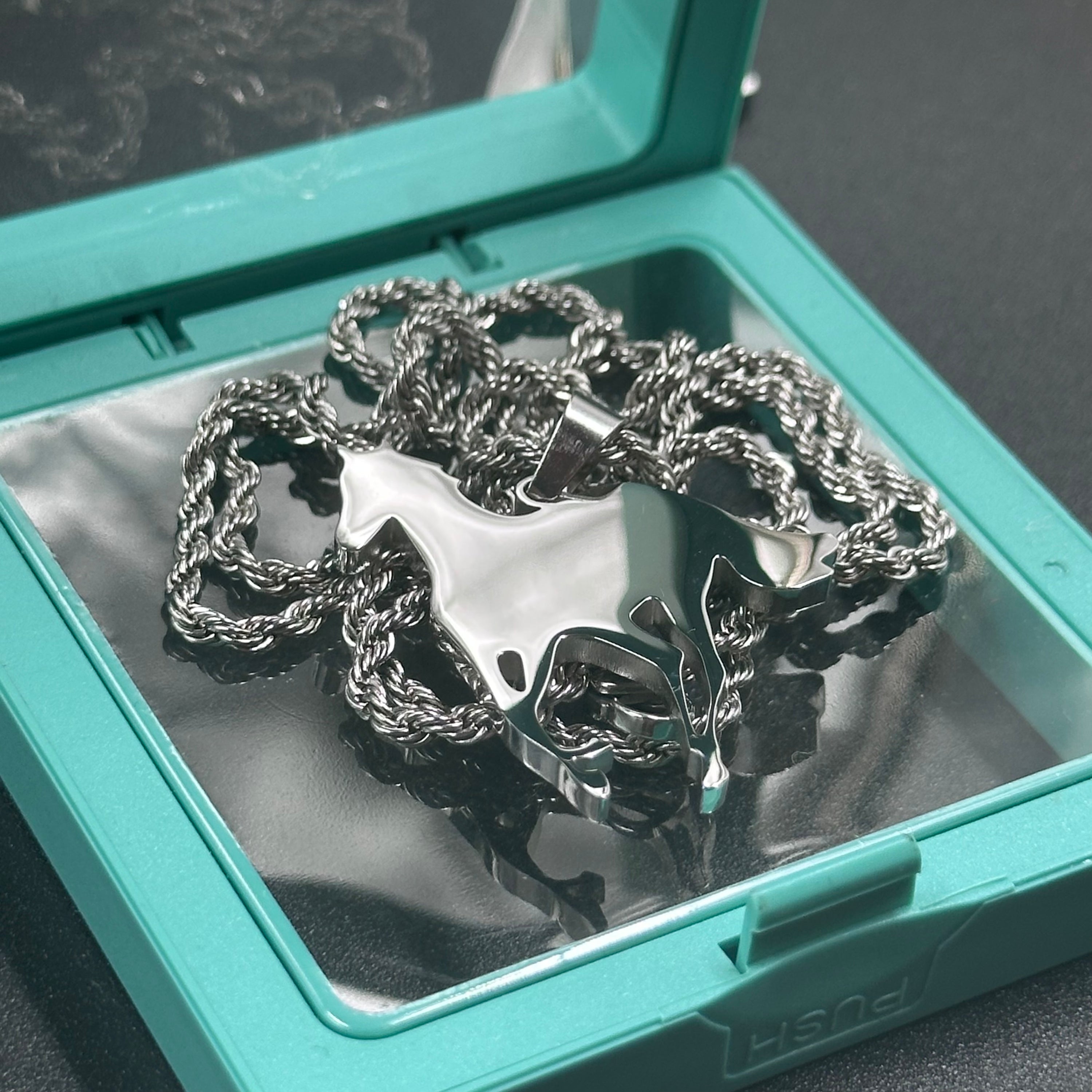 Deftones White Pony pendant and chain in a green jewelry box