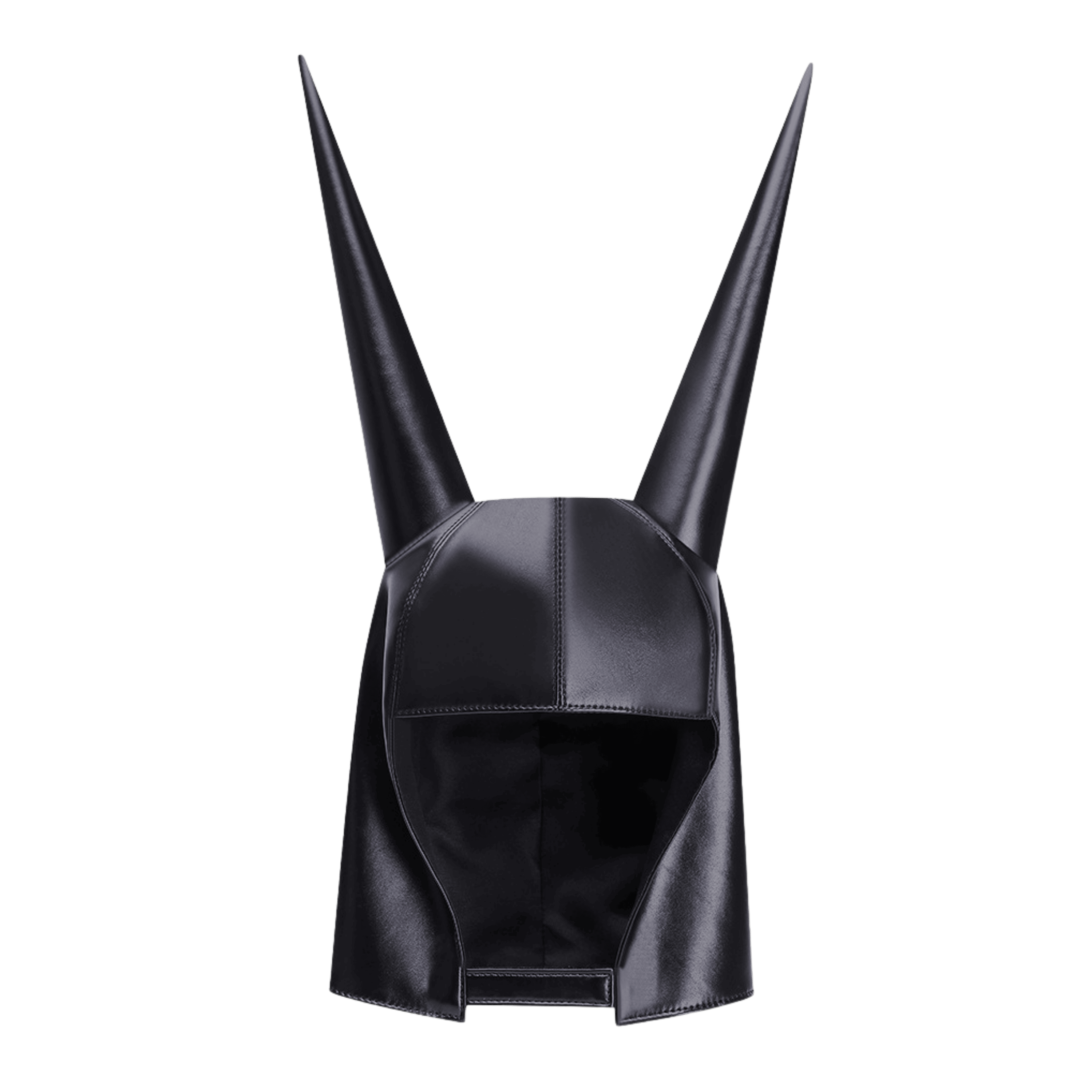 Black leather headpiece with pointed horns on a transparent background