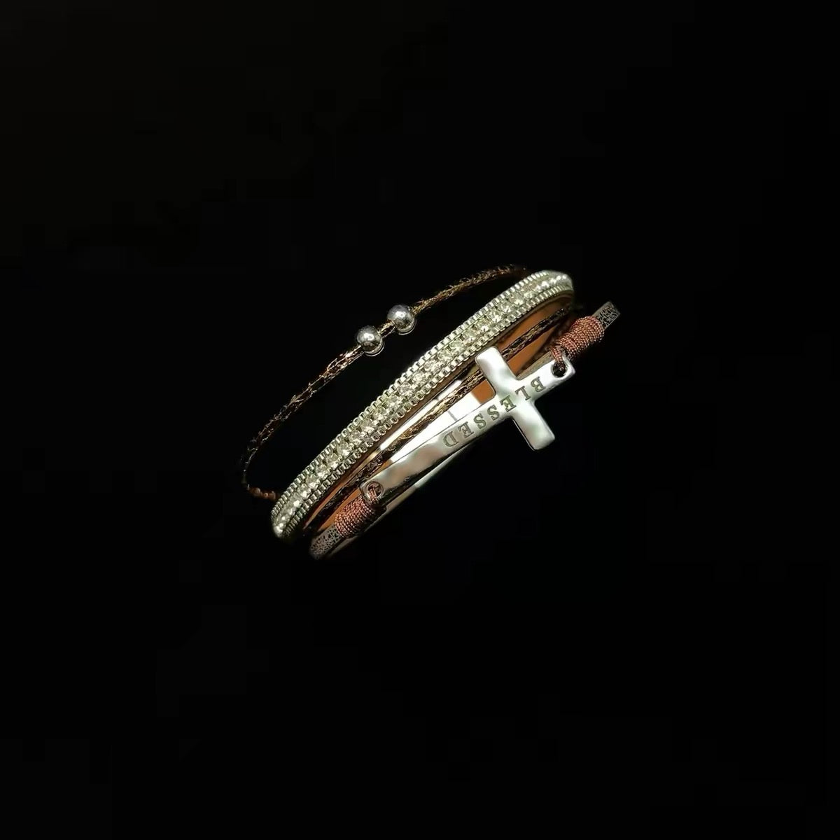 BLESSED Cross Multilayer Sparkle Bracelet brown color product view