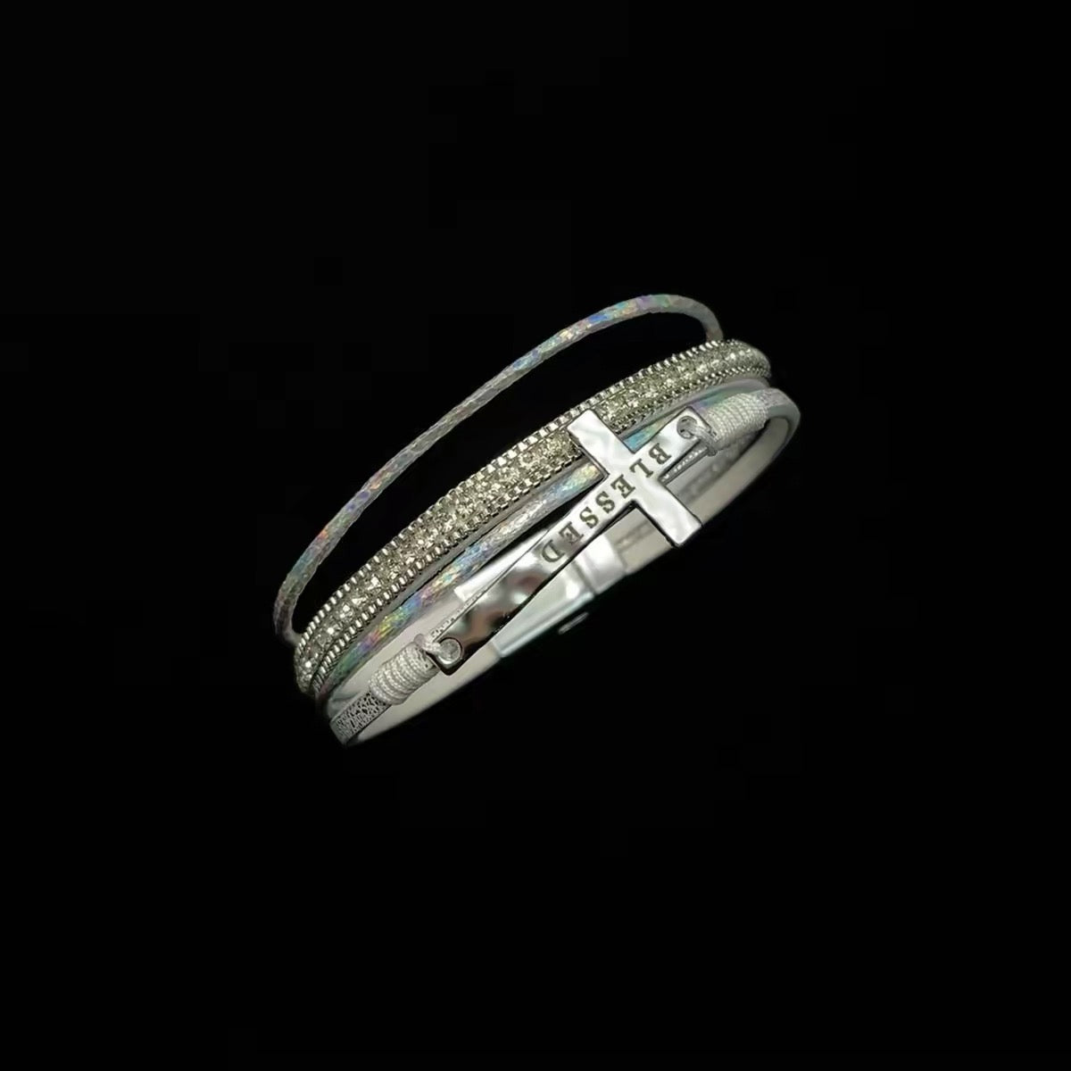 BLESSED Cross Multilayer Sparkle Bracelet white color detail view