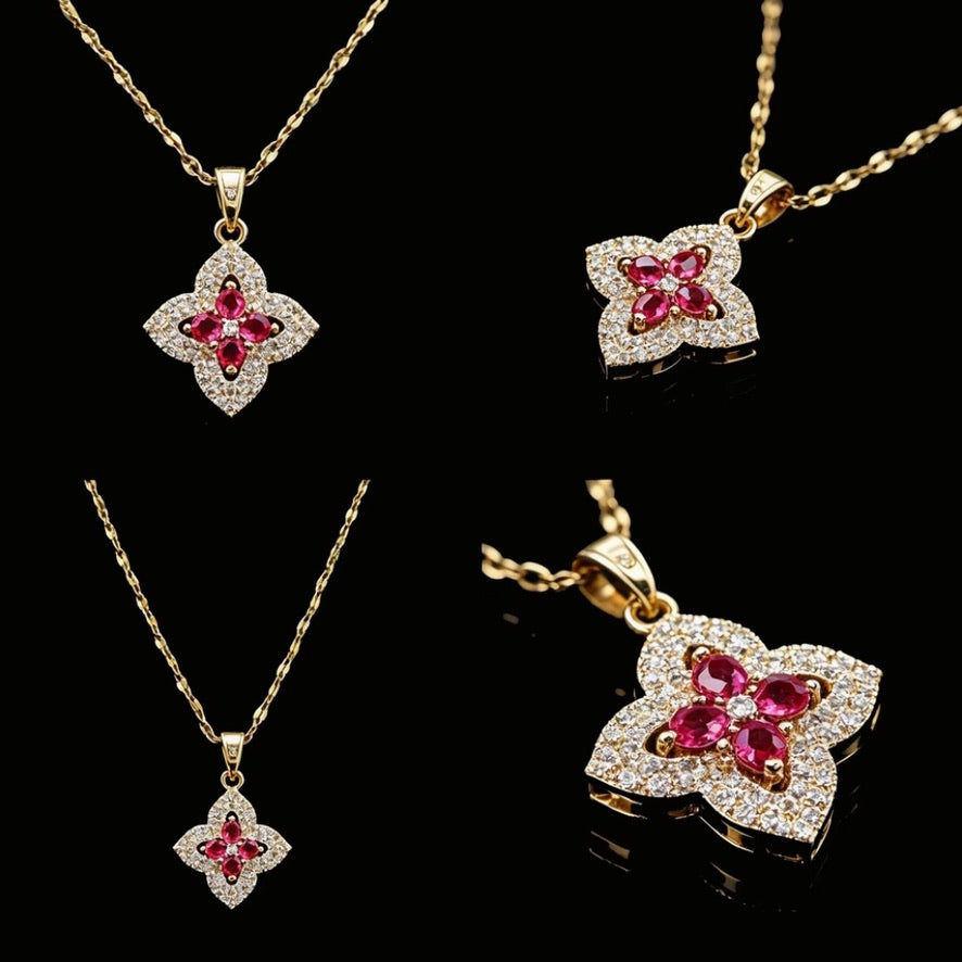 Crimson Clover Crystal Pendant Necklace detail views
