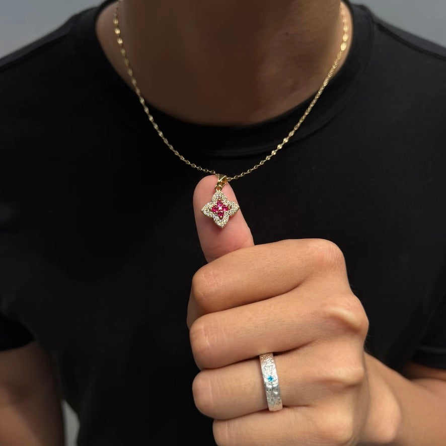 Crimson Clover Crystal Pendant Necklace close-up styling image