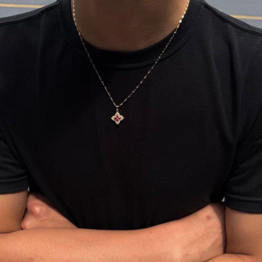 Crimson Clover Crystal Pendant Necklace worn with black T-shirt