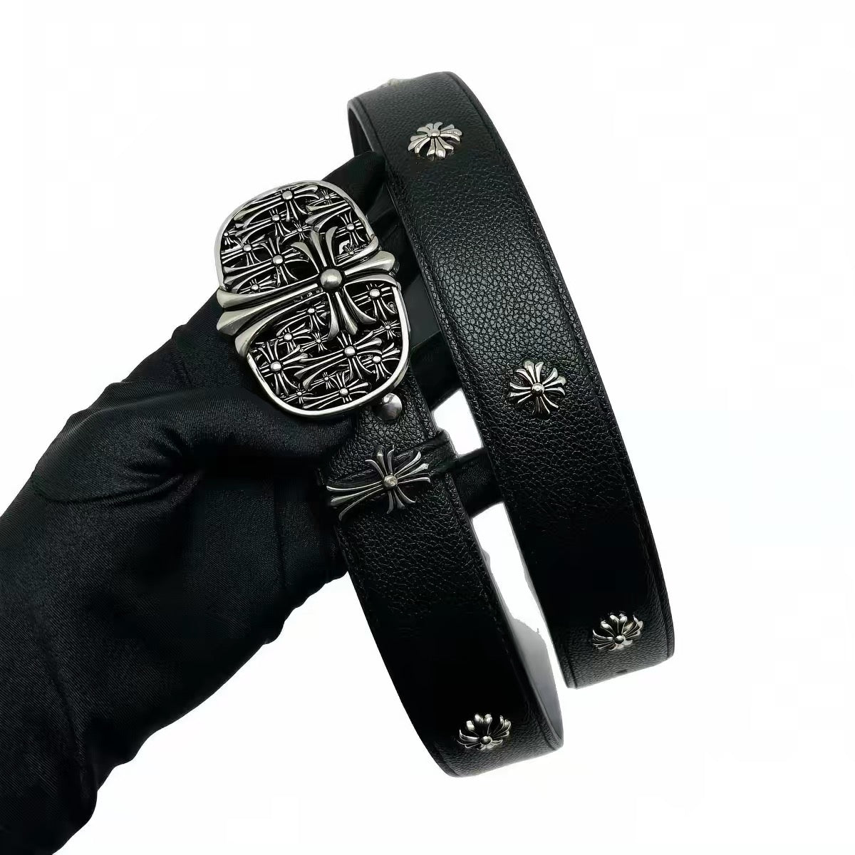 Gothic Cross Medallion Studded Belt in black, hardware detail