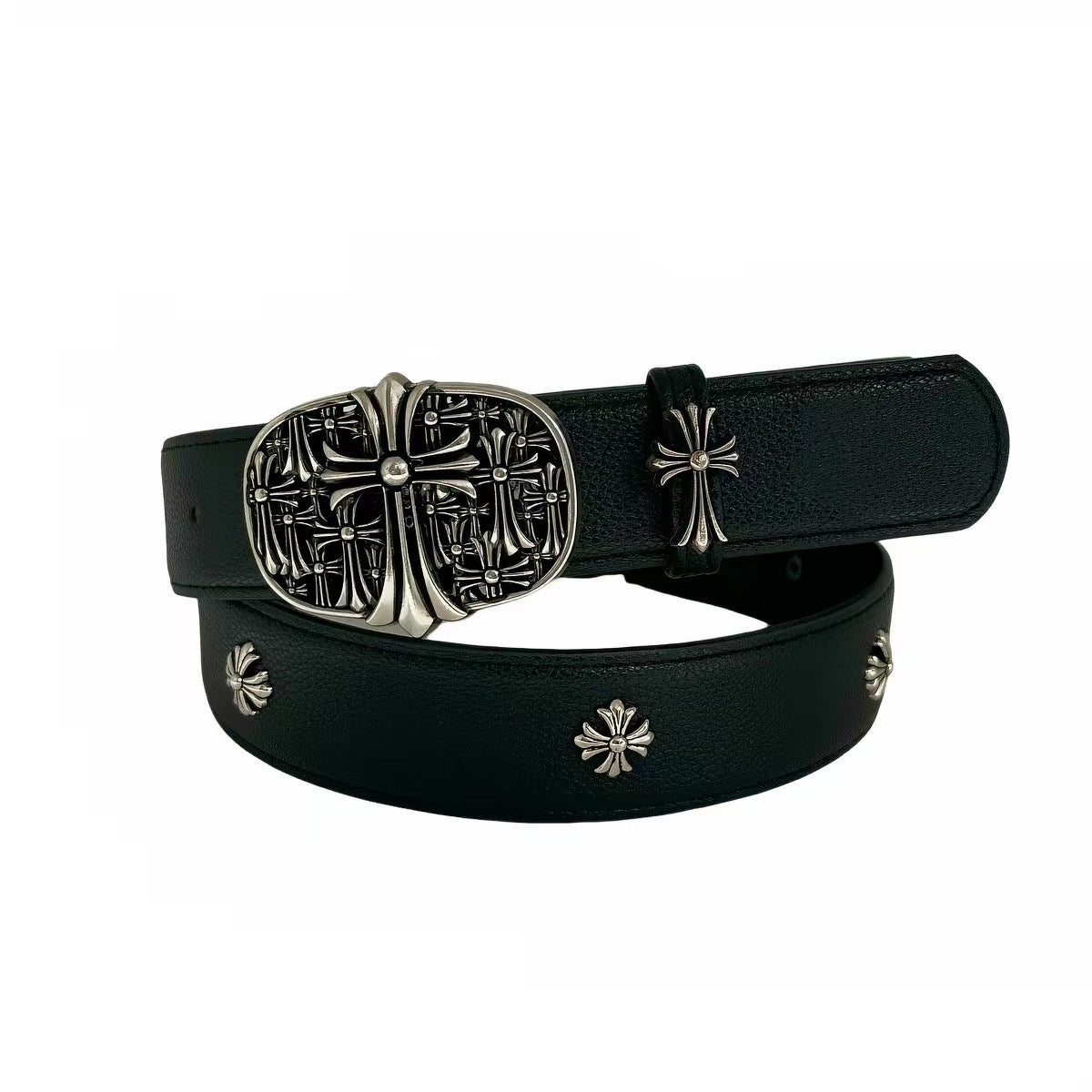 Gothic Cross Medallion Studded Belt in black, full product view