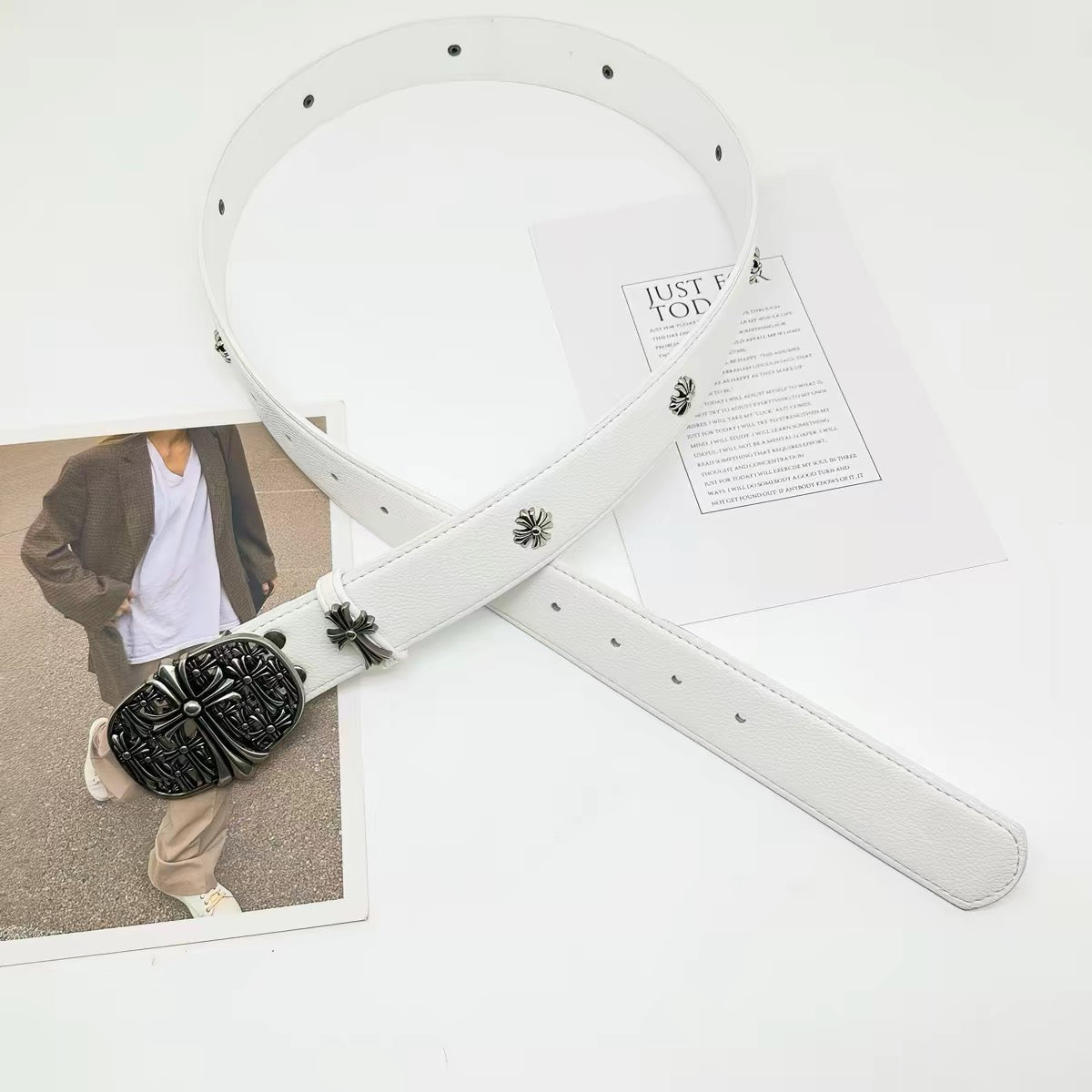 Gothic Cross Medallion Studded Belt in white, full length product view