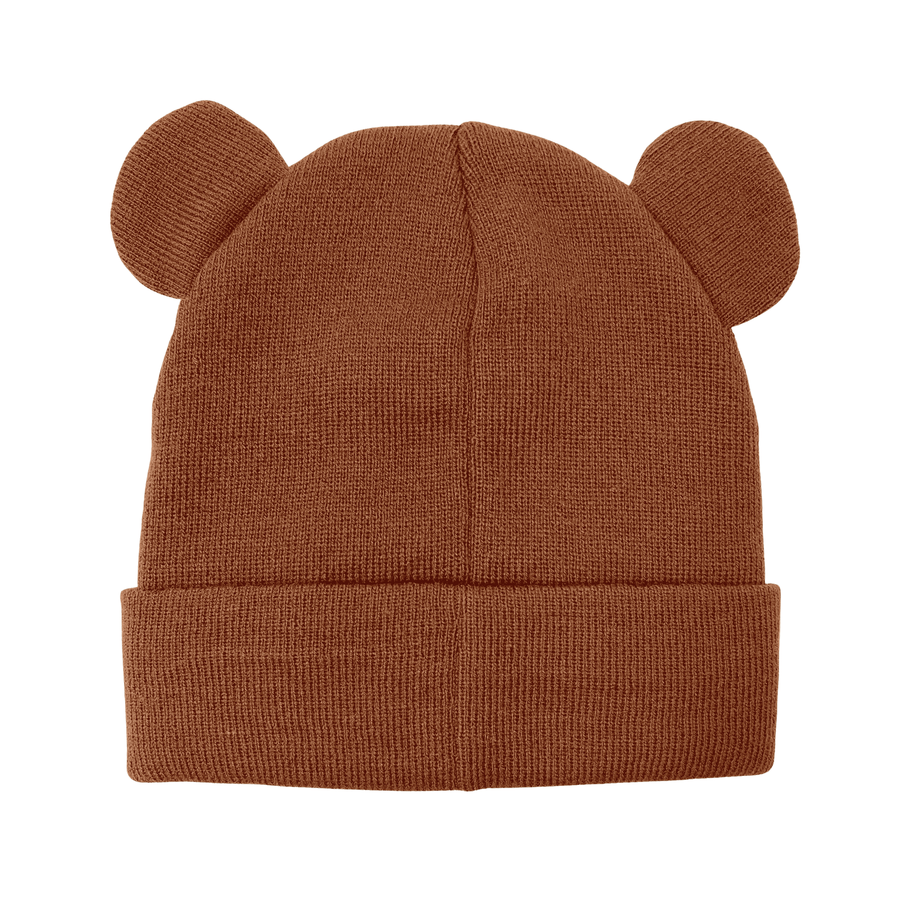 Brown knit baby hat with ear-shaped embellishments on a transparent background