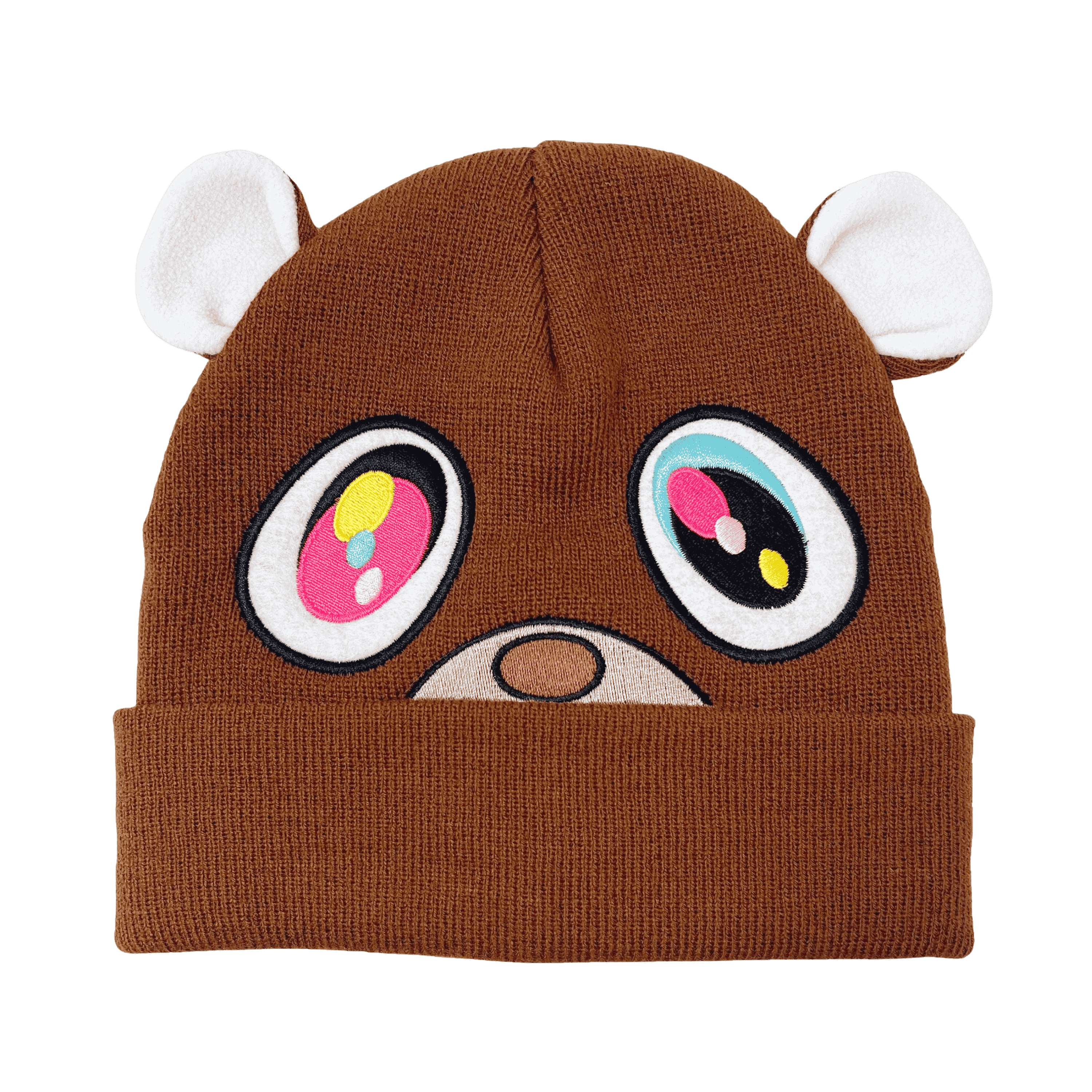 Brown knit hat with cartoonish face design on a transparent background