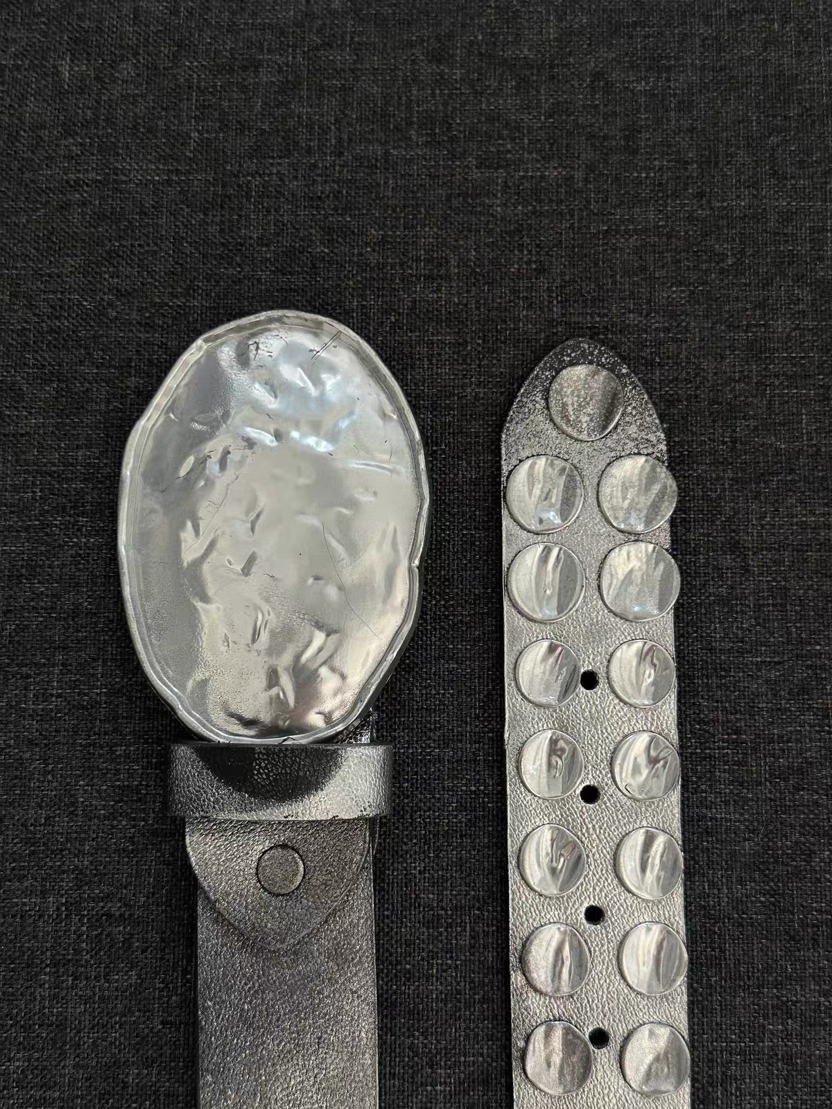 Hammered Silver Studded Leather Belt oval buckle close-up
