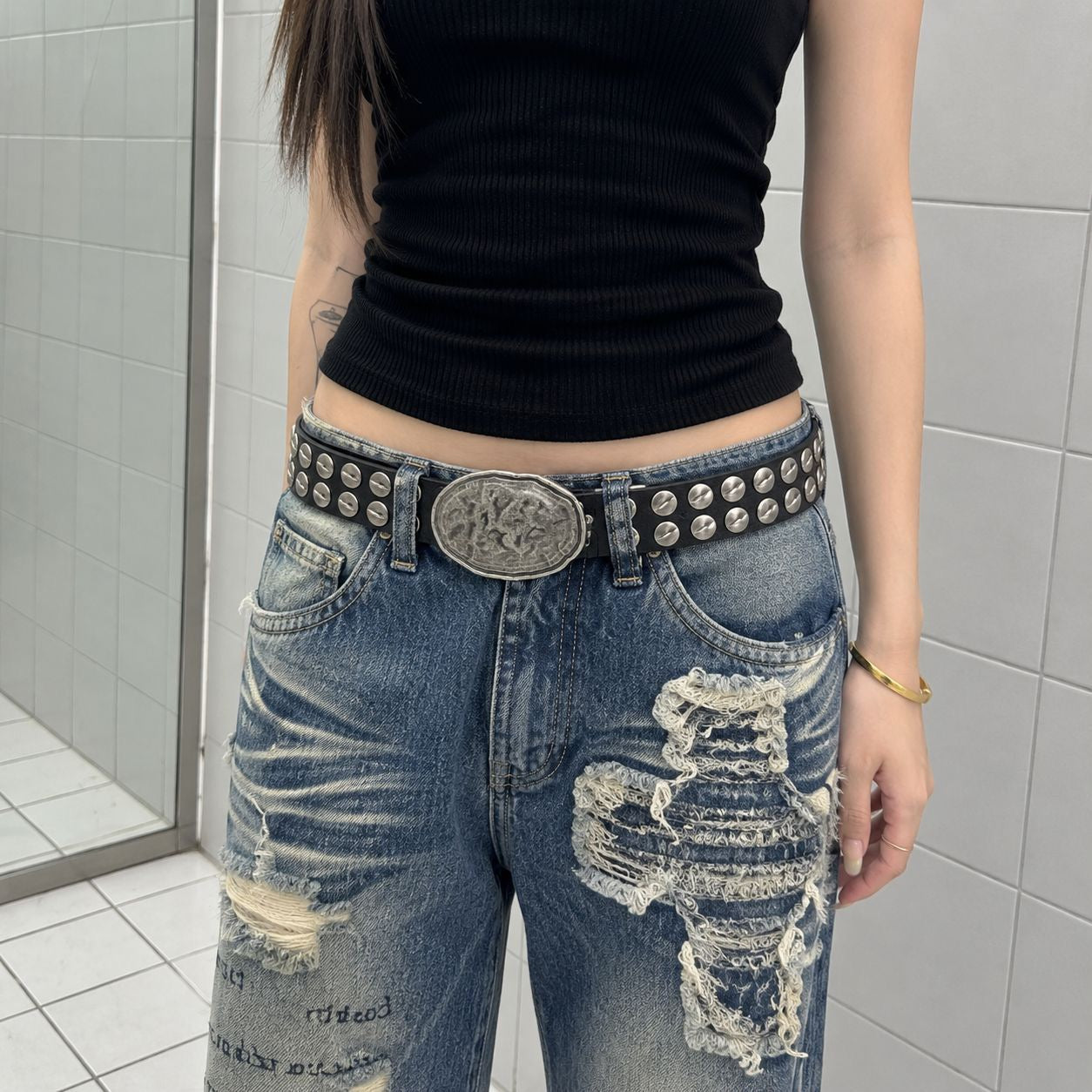Hammered Silver Studded Leather Belt styled with denim