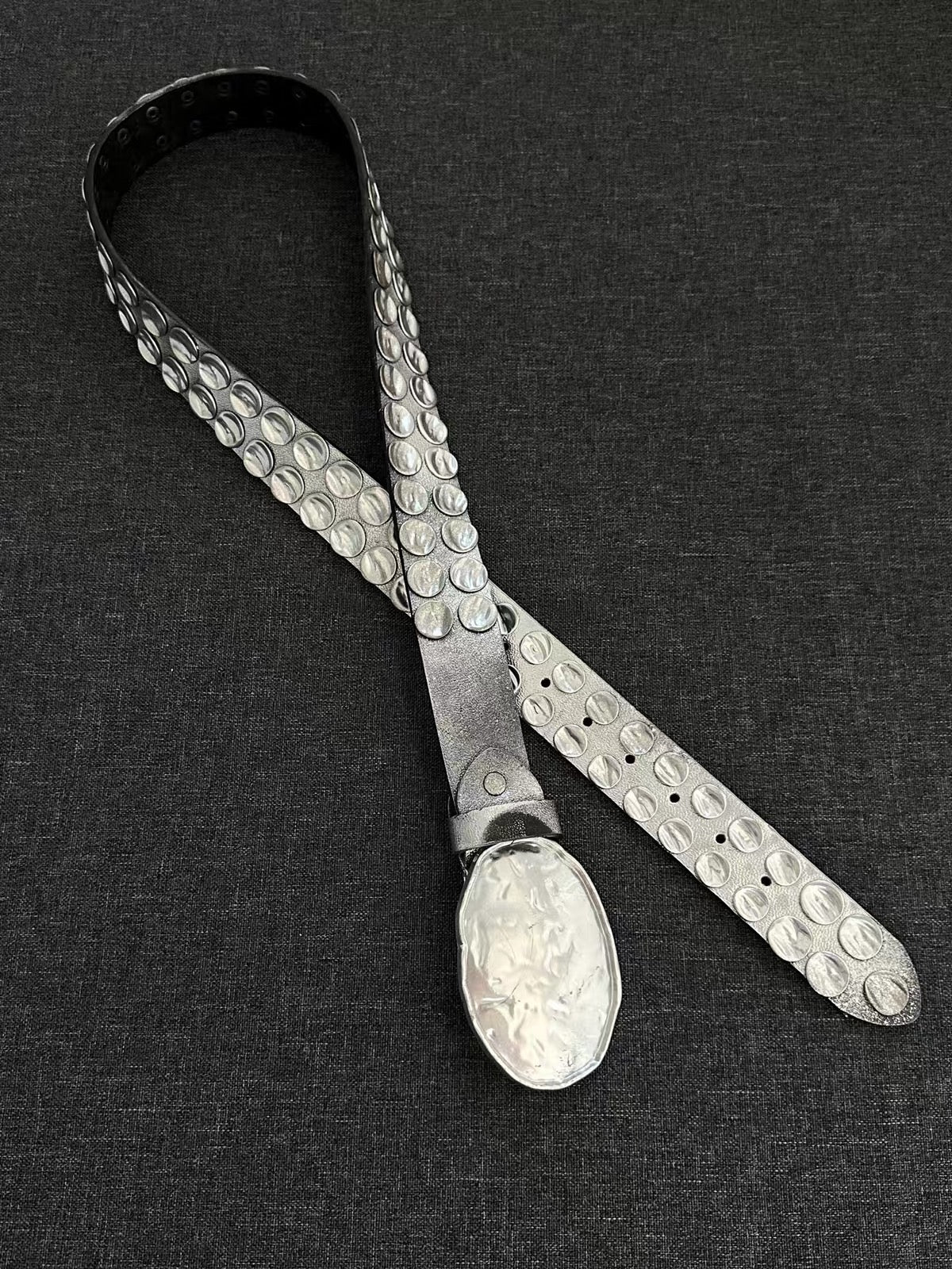 Hammered Silver Studded Leather Belt full strap detail
