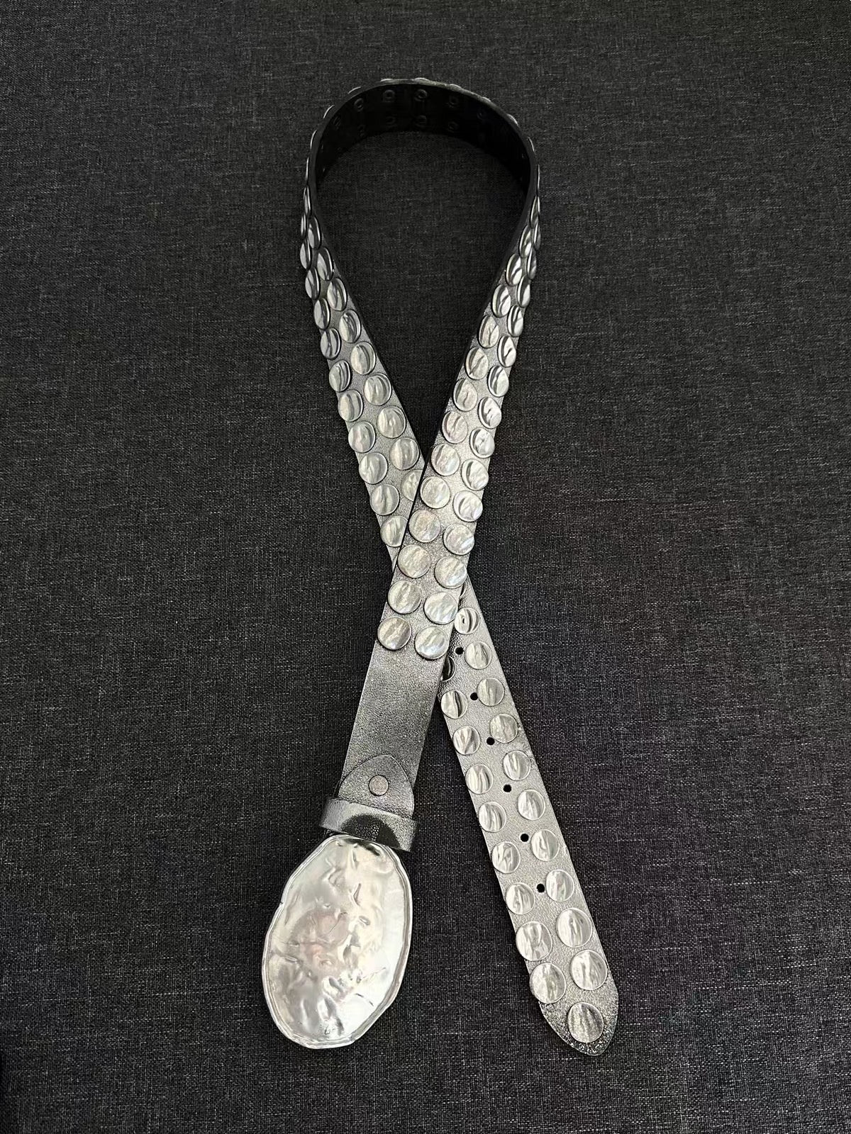 Hammered Silver Studded Leather Belt full length on black background