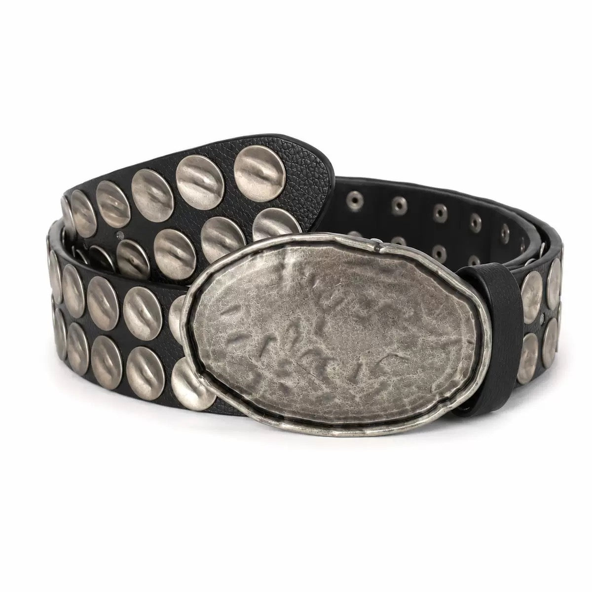 Hammered Silver Oval Buckle Studded Leather Belt product view