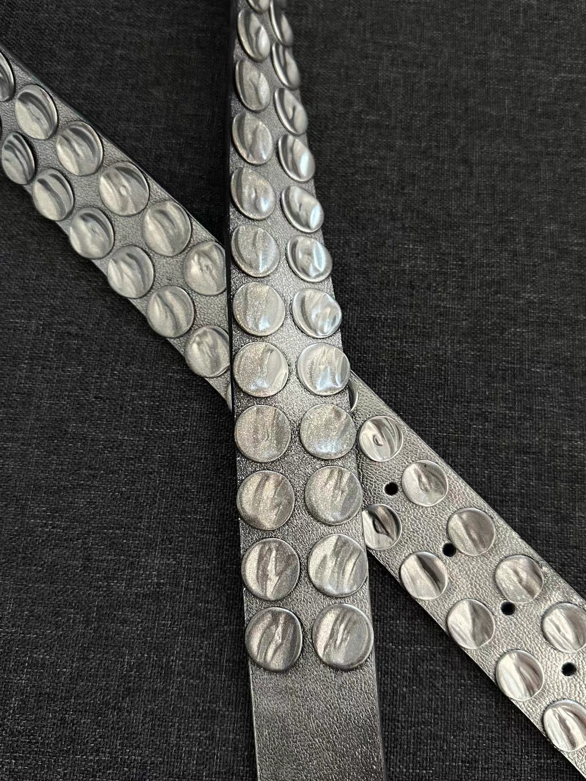 Hammered Silver Studded Leather Belt double-row rivet detail