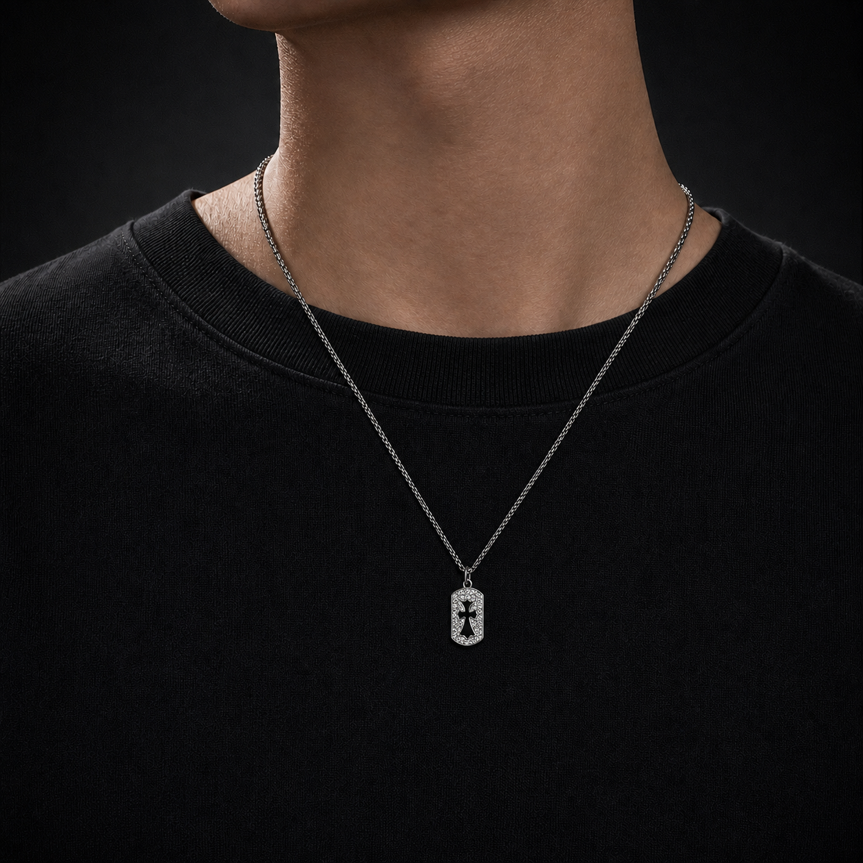 Iced Cross Tag Pendant Necklace & Custom Chain