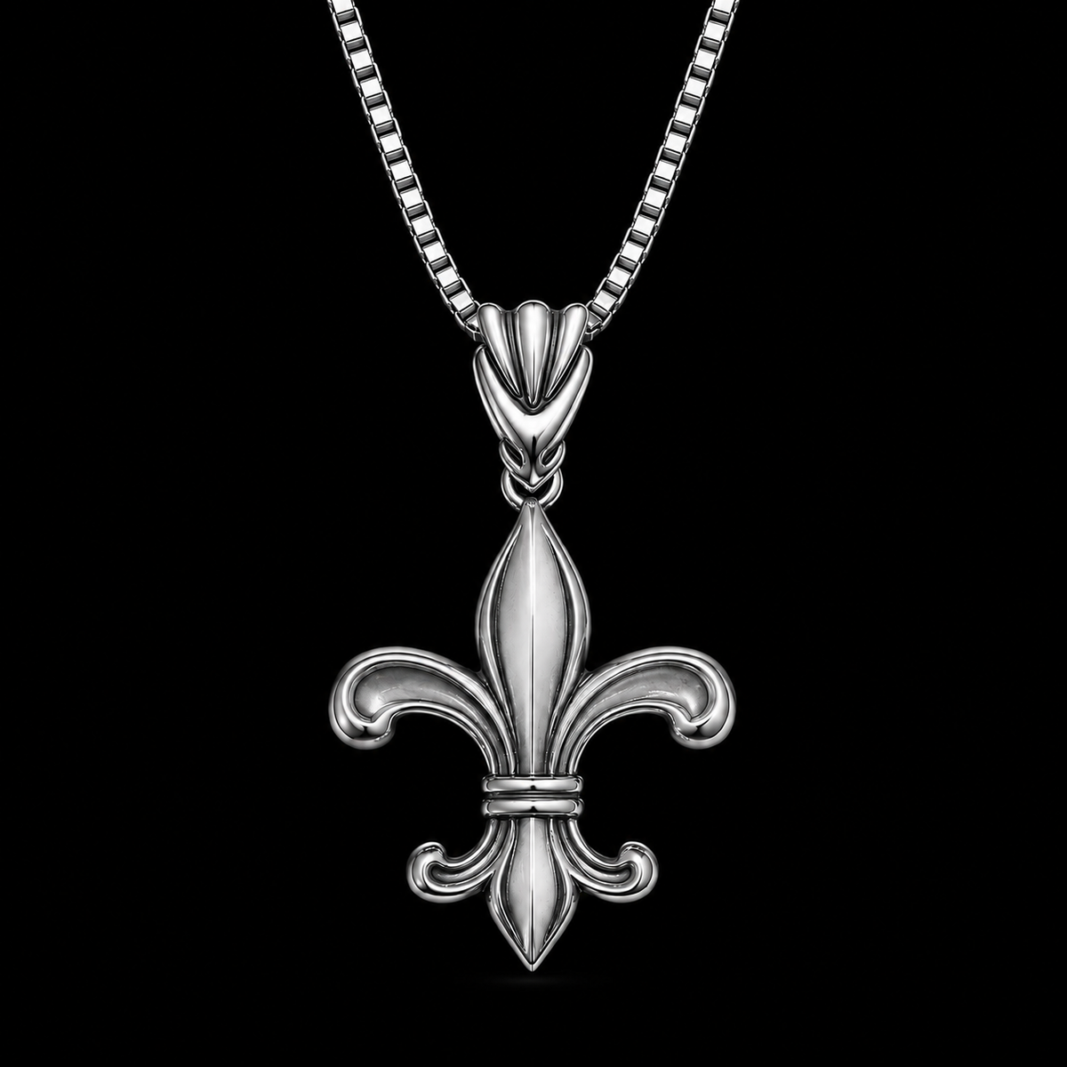 Silver-tone Iris Crest Pendant Necklace on a black background
