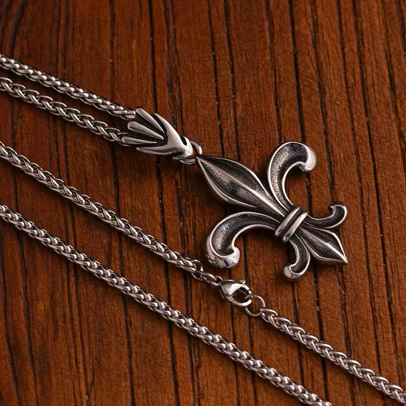 Iris Crest Pendant Necklace real photo on wood with chain and clasp