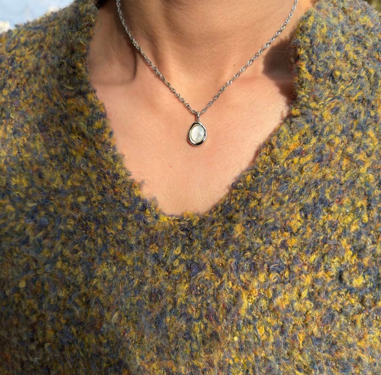 Iridescent Mother-of-Pearl Titanium Steel Necklace & Custom Chain close-up styling image