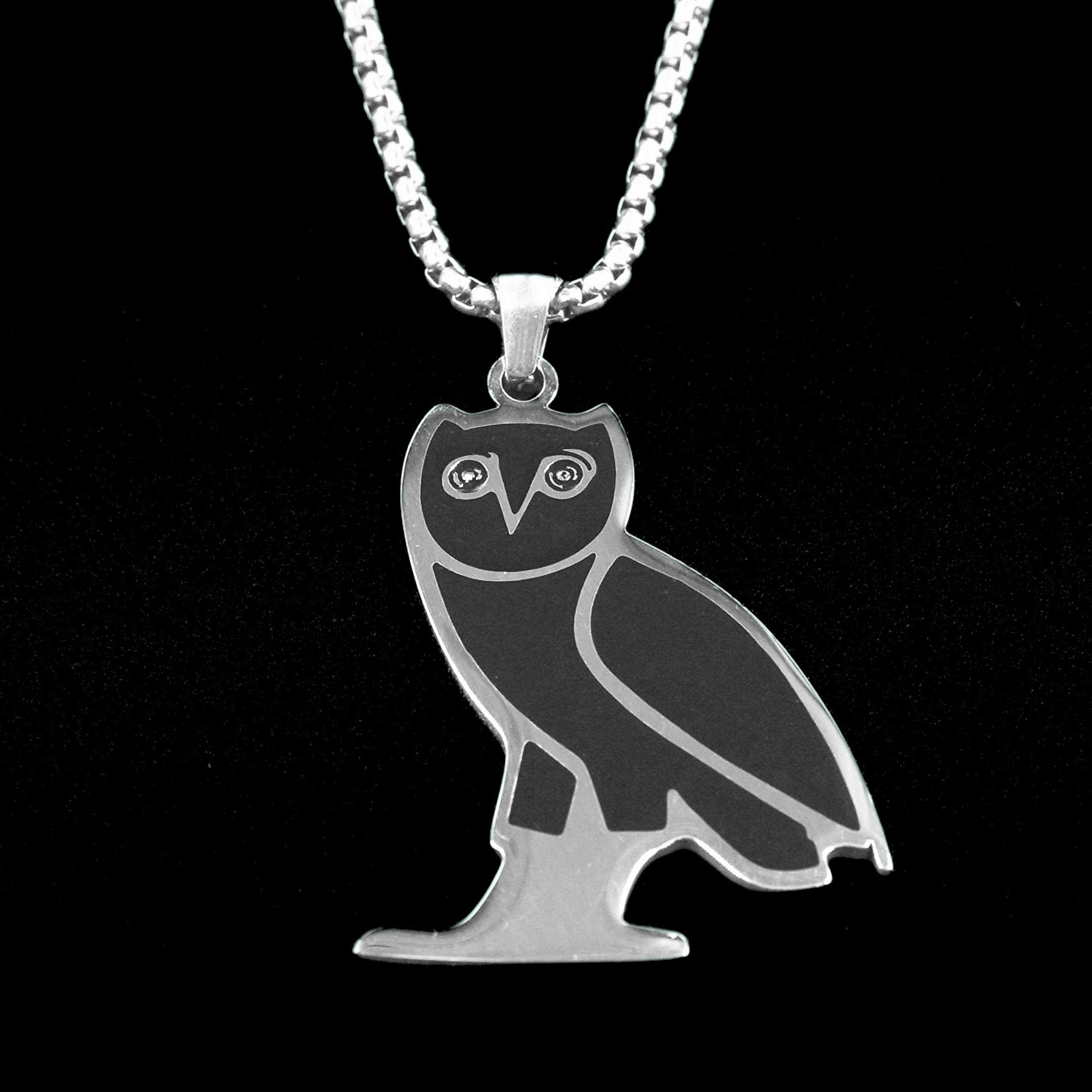 Drake OVO Owl Pendant Necklace – Stainless Steel with Black Onyx Finish & Custom Chain