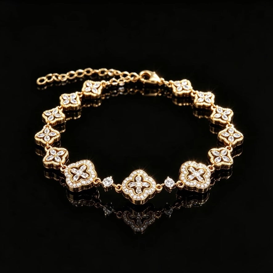 Gold-tone Crystal Quatrefoil Link Bracelet on black background