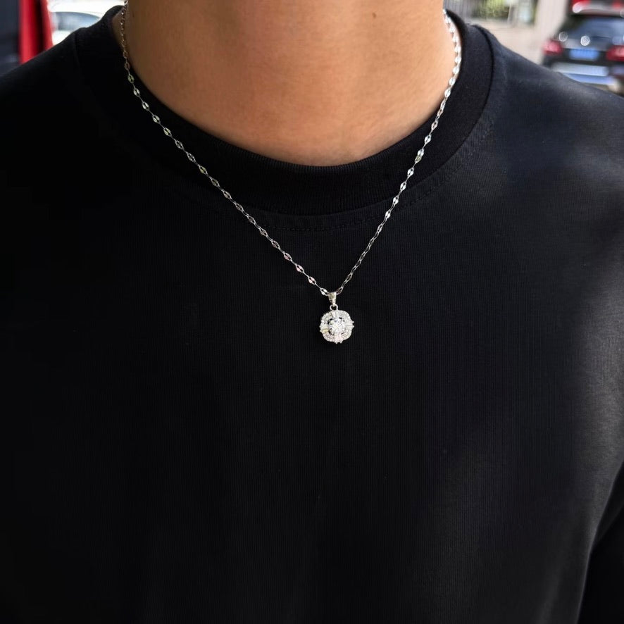 Silver-tone Radiant Halo Crystal Pendant Necklace worn with black T-shirt