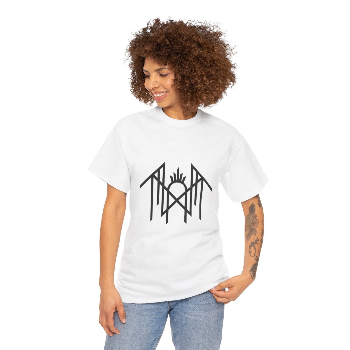 Woman wearing a white Sleep Token logo T-shirt with black Vessel Worship graphic