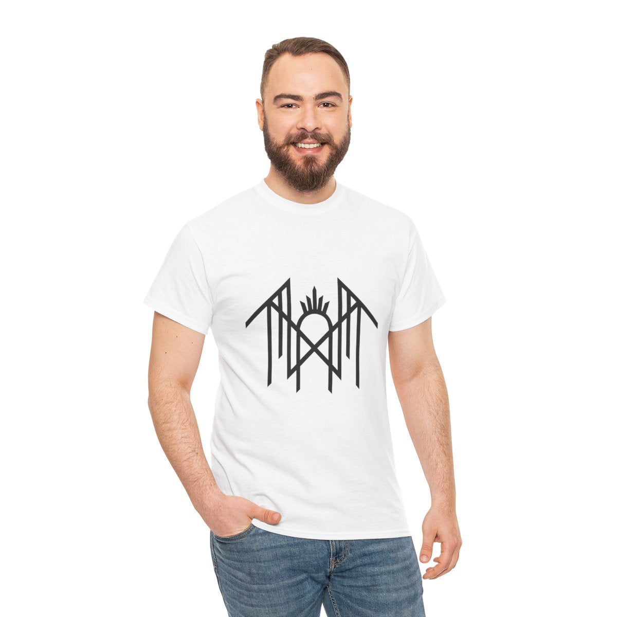 Man wearing a white Sleep Token logo T-shirt with black Vessel Worship graphic