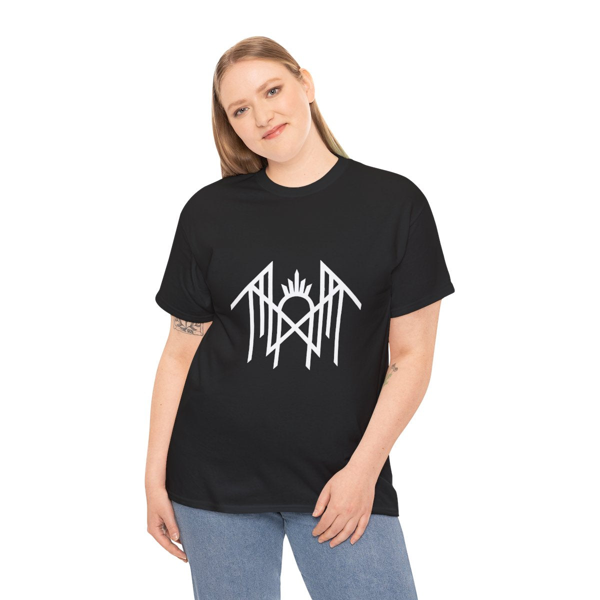 Woman in a tilted pose wearing a black Sleep Token logo T-shirt with white Vessel Worship graphic