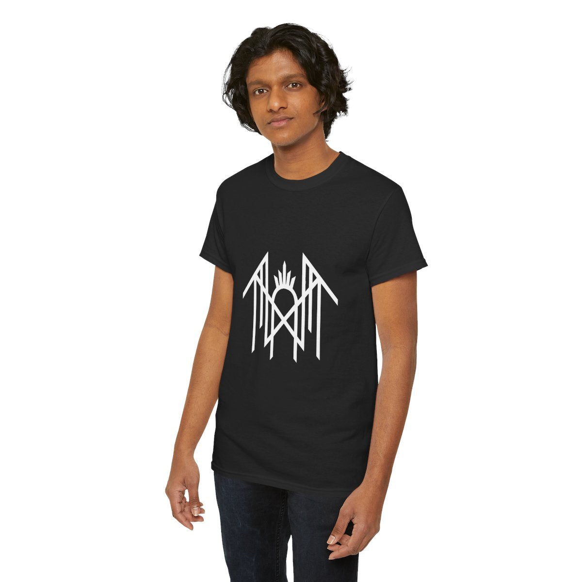 Man in an angled pose wearing a black Sleep Token logo T-shirt with white Vessel Worship graphic